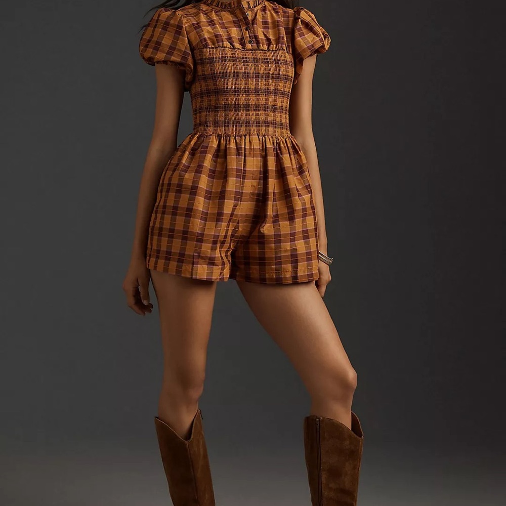 Maeve Anthropologie Women's Puff-Sleeved Smocked Romper Size SP Plaid Pockets
